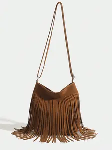 1pc Women Vintage Fringed Bucket Bag, Reversible Fringe Shoulder Crossbody Small Purse