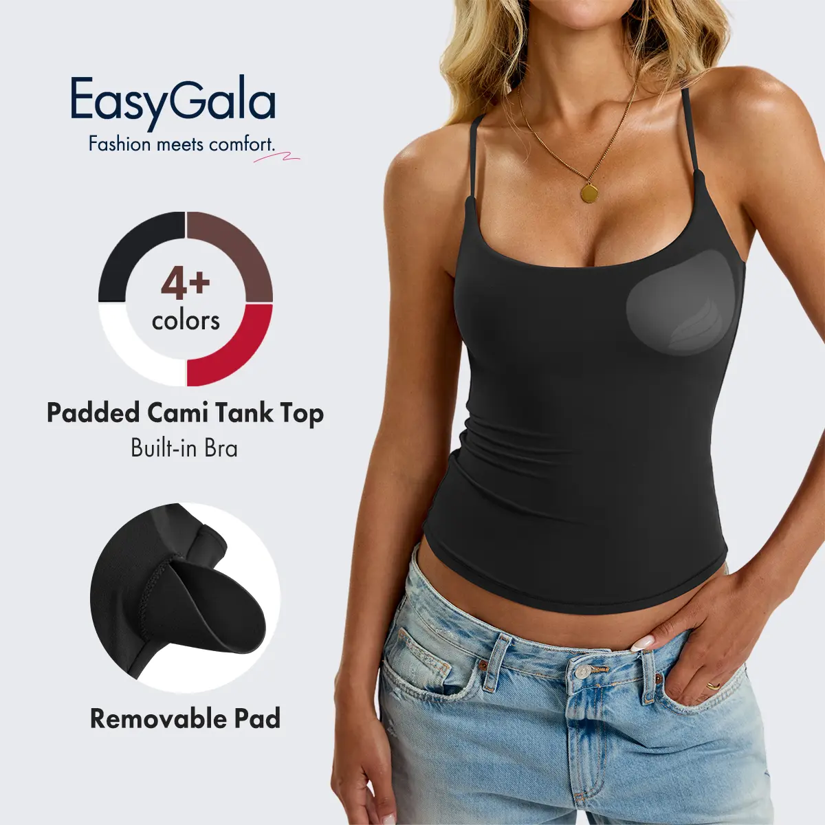 EasyGala Lady's Padded Cami Tank Tops - Trending Polyamide Blend, Double Lined, Adjustable Spaghetti Strap, Built-in Bra, Backless, Slim Fitted, Casual Elegant Sleeveless, Flattering 2000s Vintage Tops for Summer 2026 Minimalist Style, Backless Padded Str
