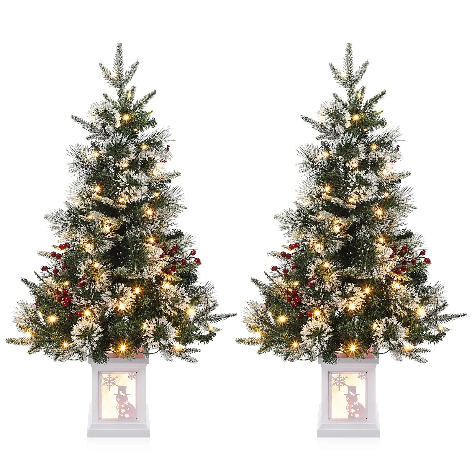 2PCS 3ft Pre-Lit Magic Miniature Tabletop Artificial Christmas Trees Set - Snow-Flocked, 78 Warm LEDs, 8 Lighting Modes, Timer, Imitation Fiber Lightbox Base, Traditional Ornaments, Basic Batteries-Operated for Home, Kid Room Decor, Synthetic