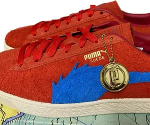 Puma Suede Classic Red & Blue Sneakers with Gold Pendant - Men's Fashion Shoes