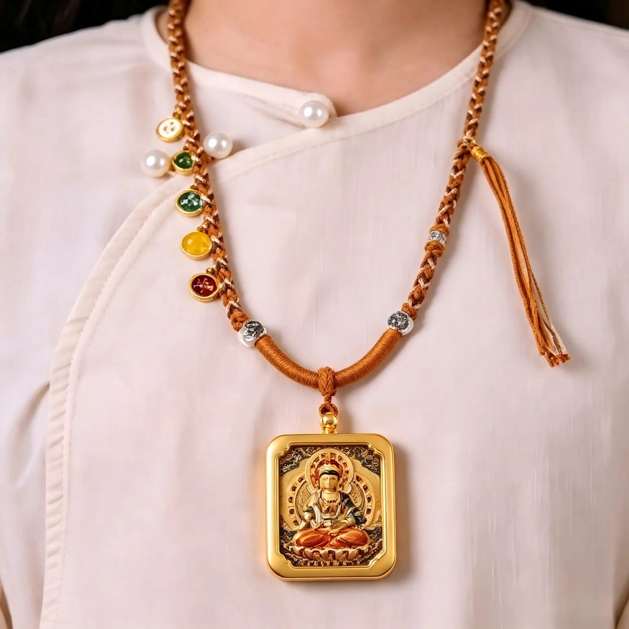 Double-sided Tibetan Thangka Amulet Pendant Necklace - Blessed, Handcrafted Religious Amulet with 1000-Hand Guanyin, Golden 5th Master God of Wealth - Spiritual Gift for Wealth, Good Fortune, Evil Warding