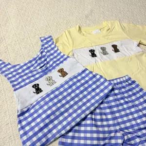 Cute Puppy Embroidery Kids Short Set | Gingham Patchwork Toddler Outfit