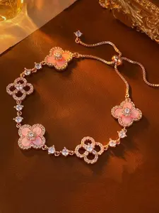 Adjustable Floral Bracelet with Sparkling Crystals, Elegant Skin-Friendly Design, Waterproof Rose Gold, Silver Color, or