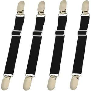 Bed Sheet Clips Straps Holder, Mattress Clips - Adjustable Elastic Bed Sheet Grippers Suspender Fasteners (Black Set of 4)