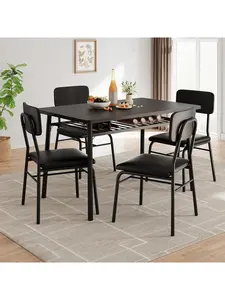 Dining Table Set For 4 With Storage Rack 5Piece Kitchen Table And Upholstered Chairs Of 4 Wood Tabletop and HeavyDuty Metel Frame Dining Room Set For Small Space Apartment-A