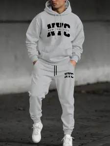 Men's Casual Hoodie Set, Letter Print Drawstring Sweatshirt + Jogger Pants, Fall & Winter Thick Knit Fabric, Fitted Style, 2 Piece Pack