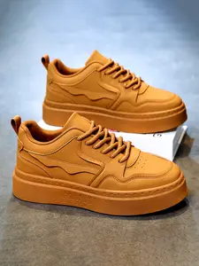 New Men's Retro Simple Style Versatile Sports Casual Sneakers, Thick Sole Height Increasing Wheat Color Trendy Shoes