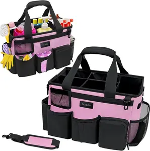 (Pink) cleaning bag with adjustable shoulder and waist straps large capacity portable cleaning and storage bag Organiser Pad Mesh Aluminium Lightweight