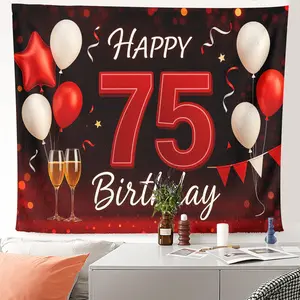 1pcHappy 75th Birthday Celebration Tapestry Red White Balloons Champagne Glasses Wall Hanging for Party Backdrop Decor - Festive HD Printing Wall Art, Durable Polyester Wall Decor Gift.