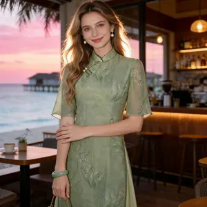New Chinese Style Improved Ao Dai Qipao Dress, Fresh Green Orchid Print, Gentle Daily Wear Dress