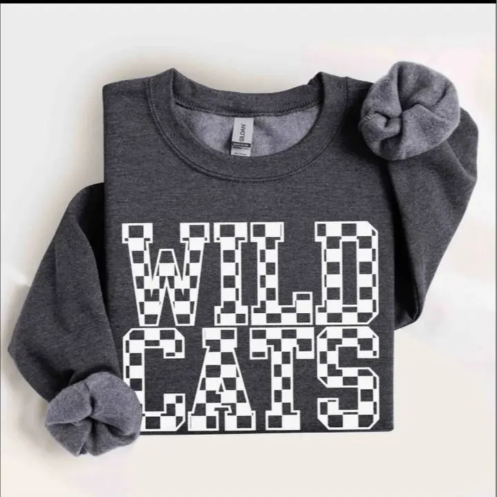 Wildcats Checker Sweatshirt, cute sweatshirts, retro, trendy, school spirit, football, basketball, mom, baseball, volleyball Cotton Top