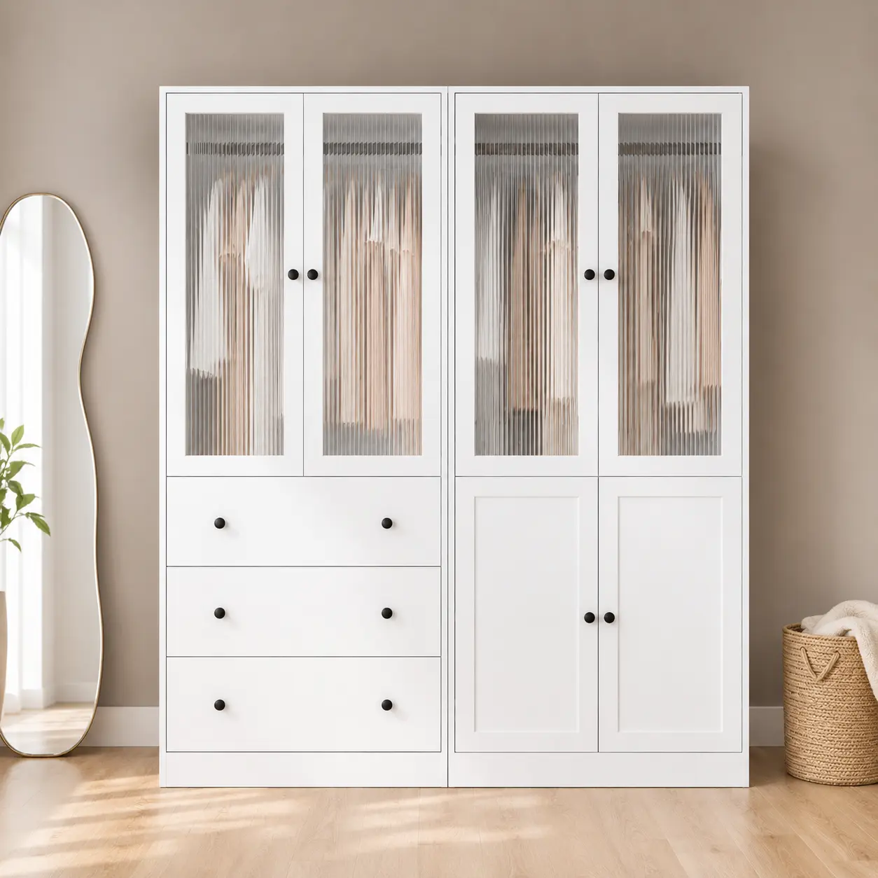 【2 Packages Delivery】VOWNER Wardrobe Closet with Fluted Glass Door, 2 Drawer & Shelf, Wooden White Armoire Storage Cabinet for Bedroom