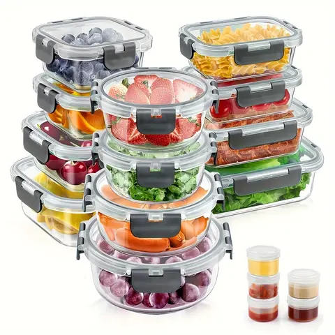12 Pack Glass Food Storage Containers with Airtight Lids, Glass Meal Prep Containers, Lunch Office Meal for Microwave, Oven, Freezer and Dishwasher, BPA Free (5 small sauce containers as a bonus) Stackable Bowl Kitchen Utensils,home essentials