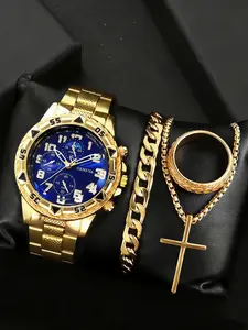 Men's Luxury Quartz Jewelry Watch Set with Cross Necklace, Cuban Bracelet, Ring, Alloy Case Band, Rhinestone Design, Perfect Gift