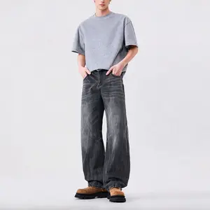 NELEUS Men's Ripple Washed Medium Indigo Baggy Straight Jeans Retro Wide Leg Loose Fit Denim Pants Casual Streetwear Mens Trousers