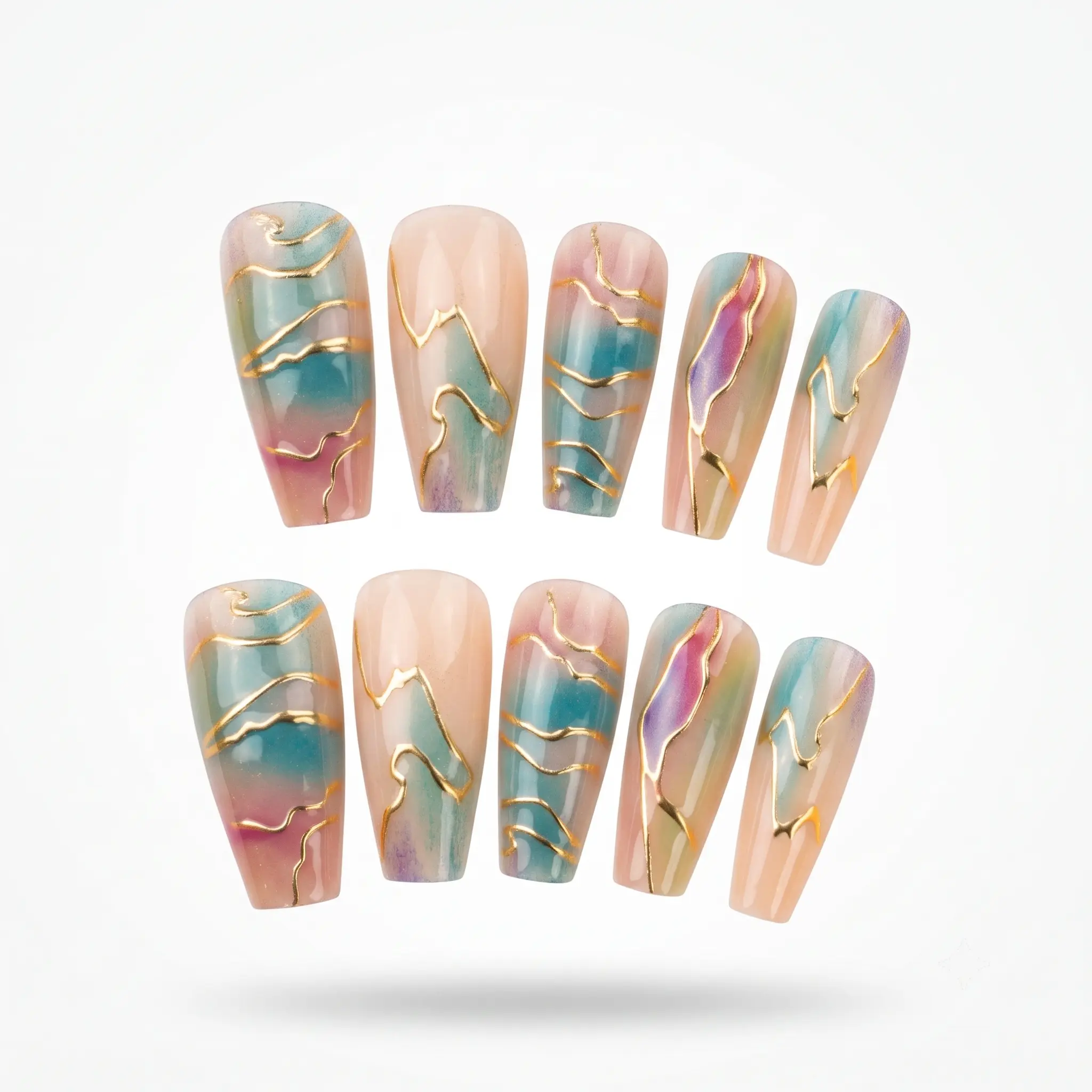 Zatvios Iridescent Mermaid Ombre Coffin Press-On Nails, Gold Wave Details, Reusable 24-Piece Set