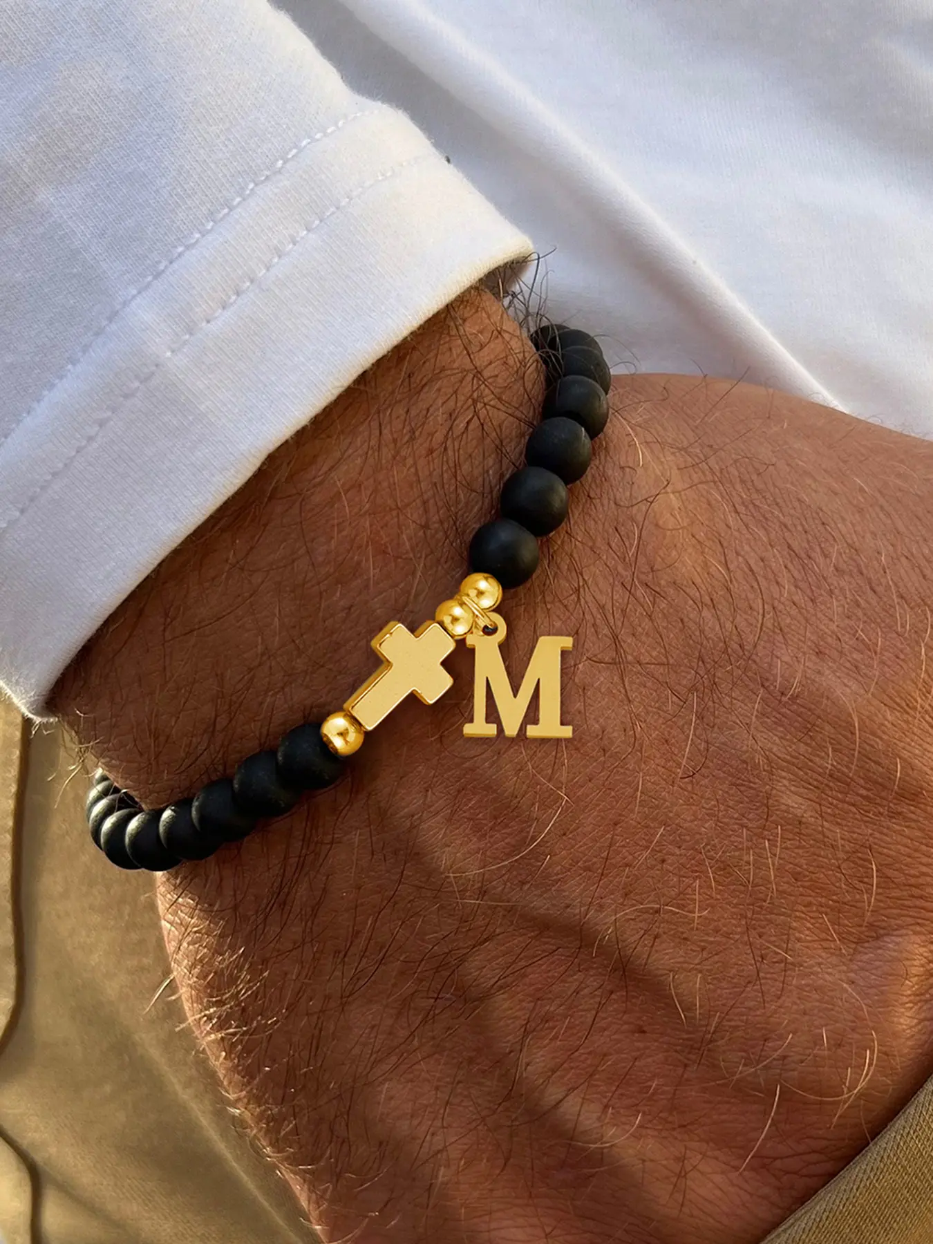 Men's Stainless Steel Initial Cross Bracelet, Vintage Casual Fashion Matte Stone Beaded Chain, All Seasons, Fashionable Bracelet Style, Stainless Steel Bracelets, Cross Beads Bracelet