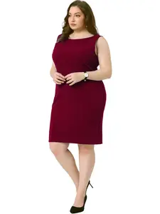 Agnes Orinda Plus Size Sheath Dress for Women Sleeveless Boat Neck Casual Straight Pencil Work Dresses