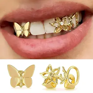Hip Hop Grillz Set Hollow Flower & Butterfly Gold Silver Unisex Fashion Teeth Jewelry Cool Accessory for Men And Women