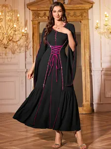 Elegant V-Neck Long Dress, Rhinestone Embellished Flare Sleeve Design, Fitted, Perfect for Formal Evening Events & Special Occasions, Womenswear