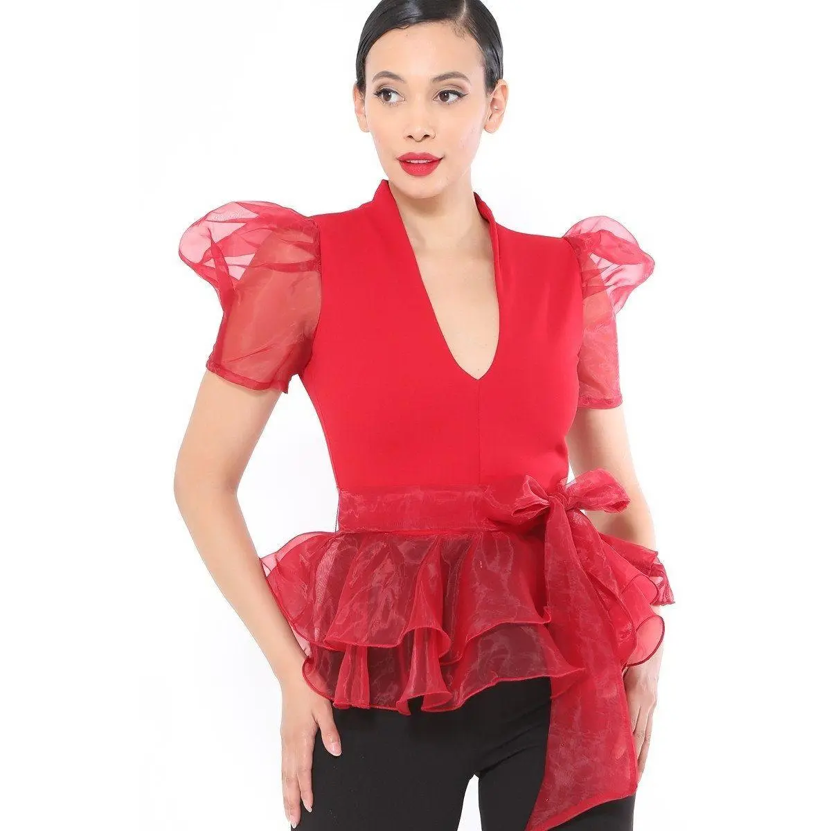 Women's Organza Puff Short-Sleeve Blouse, Spandex-Blend Stretchy Feminine Top for Matching Bottoms