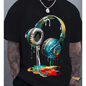 Headphones Paint Splatter Graphic T-Shirt, Fashion Streetwear Outfit, Comfort Oversized Cotton Tee, Cute Summer Gift for Him Her