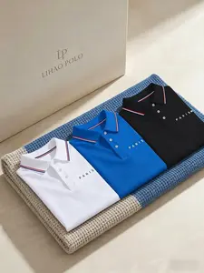 Men's Polo Shirt Fitted Set (/blue/), Classic Collar with Blue Trim, Fashionable Paris Print, Breathable Comfort Fabric, Menswear
