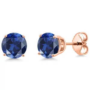18K Rose Gold Plated Silver Blue Created Sapphire Stud Earrings for Women | 2.00 Cttw | Gemstone September Birthstone | Round 6MM