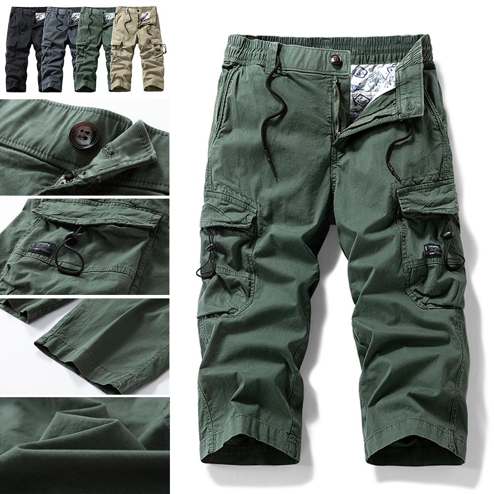 100% Cotton Tactical Cargo Pants with Multiple Pockets, 3D Large Cargo Pockets, Drawstring Bag, Mid-Length Outdoor Hiking Shorts
