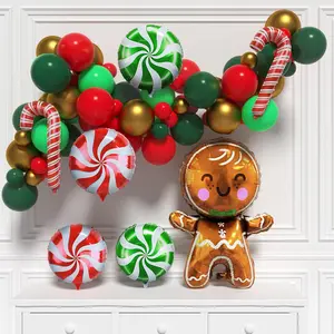 Gingerbread Balloon Arch - 80 Pcs | Red, Green & Gold Candy Cane, Mylar Balloons For Christmas Decorations