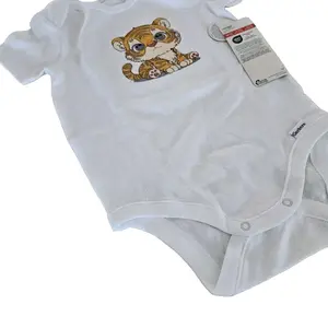 Tiger Embroidered Baby Onesie - Cute Design, Short Sleeves, White, Comfortable Fit, Ideal for Infants