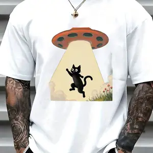 UFO Alien Abducting Cute Cat Cartoon T-Shirt - Funny Sci-Fi Graphic Tee, 100% Soft Cotton Crew Neck, Breathable Summer Casual Top for Men Women - Perfect Gift for Animal Lovers and Space Enthusiasts