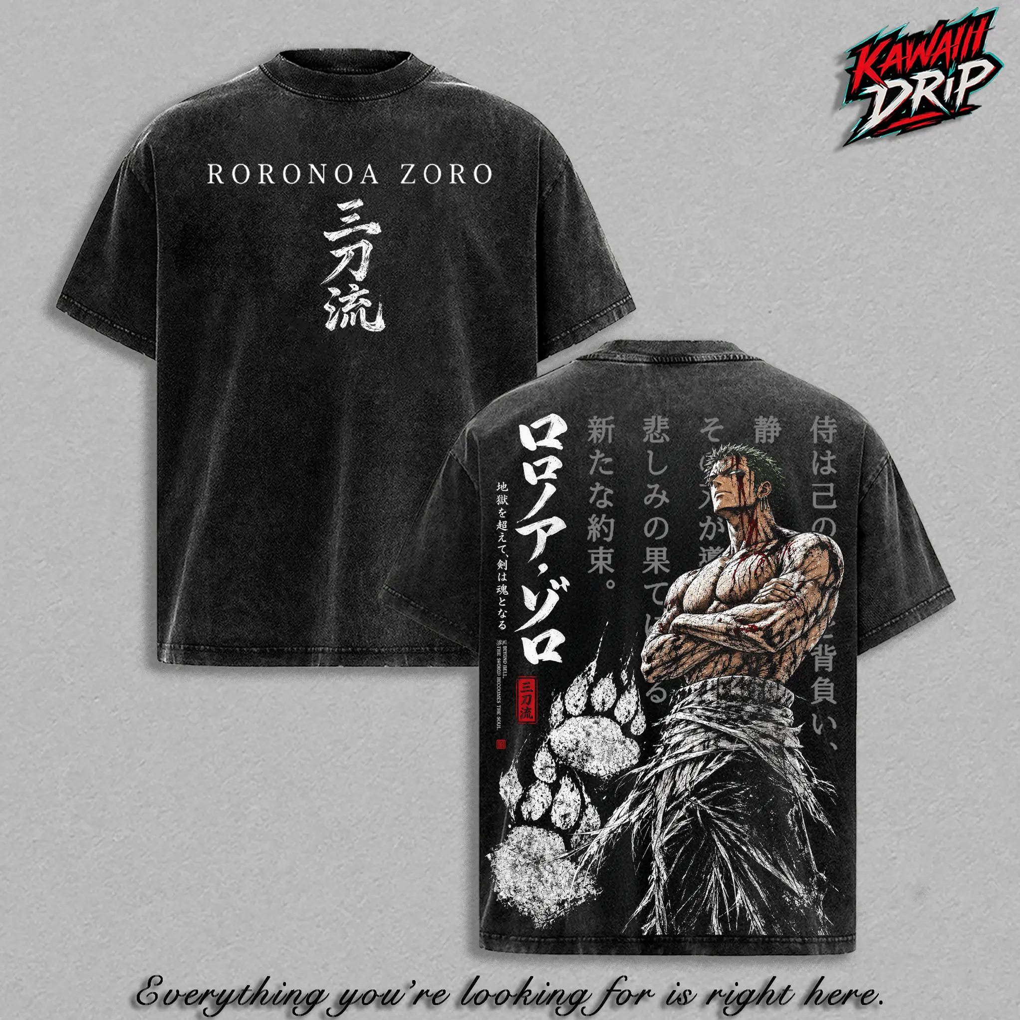 Roronoa Zoro One Piecee Vintage Washed T-Shirt - Anime Graphic Tee Oversized Streetwear Top Cotton Tshirt Classic Menswear Clothes Apparel Gift for 1 Piece Fans Men & Womenswear 