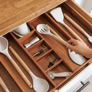Premium Silverware, Flatware and Utensil Organizer for Kitchen Drawers, Food-Safe Contract Grade, Expandable from 16 to 28 in natural Acacia Wood Boxes