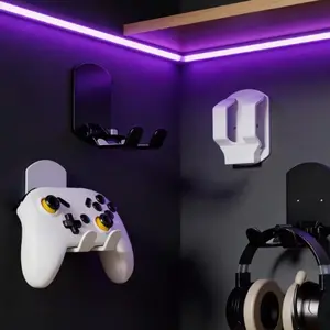 Adhesive Game Controller and Headset Stand, No-Drill Wall Mountable Wall Mount Compatible Foldable Desktop Organizer, Space-Saving for Gamers Office School, Switch Ps Xbox Holder