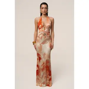 Orange Floral Blossom Print Maxi Dress