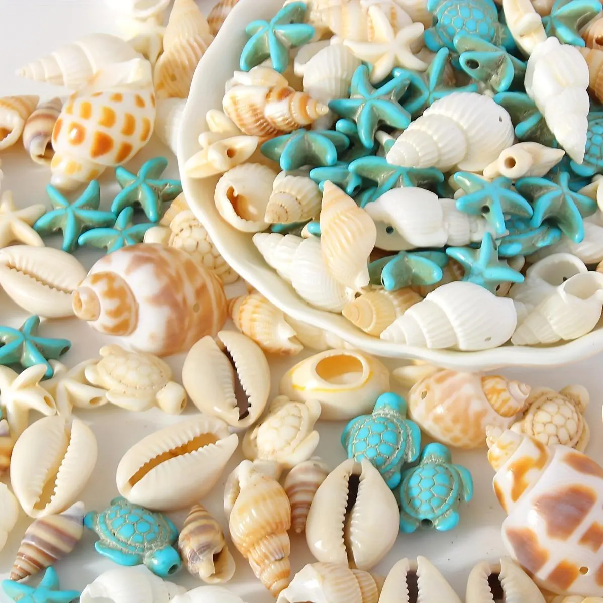 65 Piece Seashell and Ocean Bead Set for DIY Jewelry Making, Assorted Drilled Shells, Cowrie Shells, Turtle and Starfish Beads in Cream and Turquoise Blue for Necklaces, Bracelets, Anklets, Earrings and Coastal Craft Projects