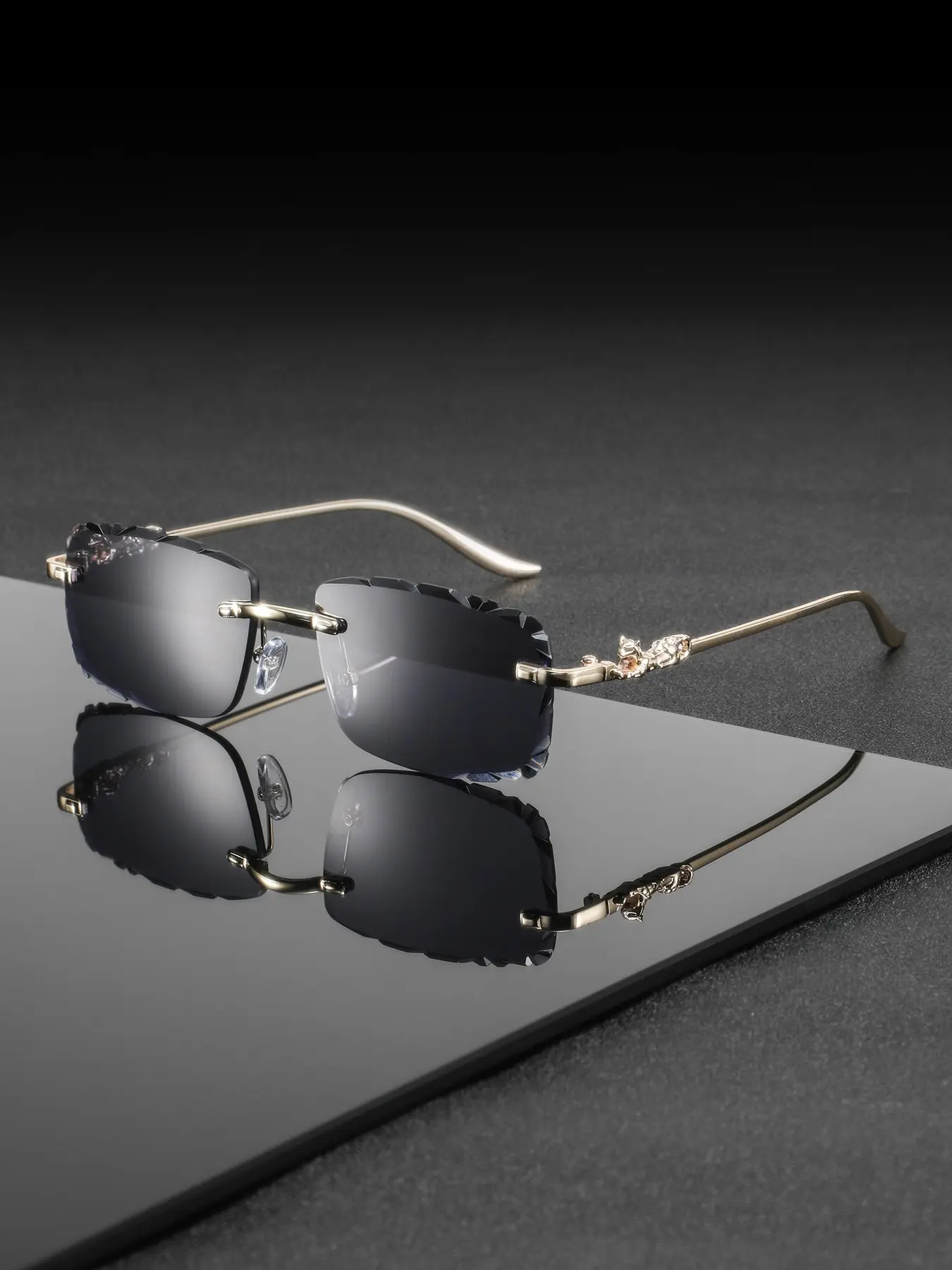 Men's New Frameless Diamond-Cut Edge Panther Temple Accent Eyeglasses, High-End Luxurious Classic Stylish Glasses, Trendy Elegant Beach Eyewear, Versatile Fashion Shades