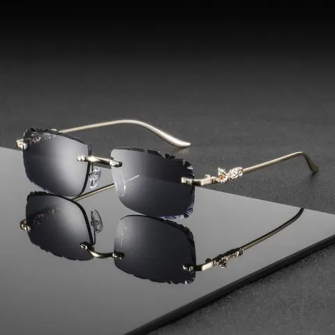 Men's New Frameless Diamond-Cut Edge Panther Temple Accent Eyeglasses, High-End Luxurious Classic Stylish Glasses, Trendy Elegant Beach Eyewear, Versatile Fashion Shades