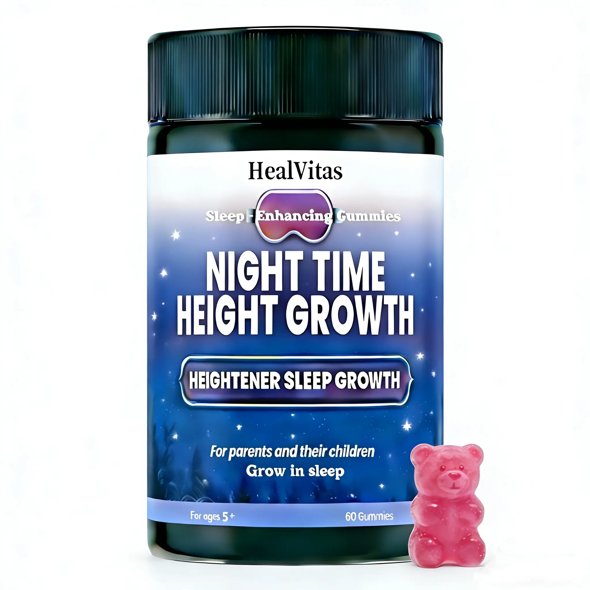 HealVitas Family Night Time Vitamin Gummies - 60 Delicious Chewable Bears, Prop 65 Safe, Gentle Calming Dietary Supplement for Ages 5+ Children, Contains Vitamin D3, Easy Daily Routine Addition, Chewable Gummy