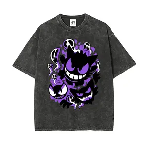 Men's Unisex Retro Pocket Monsters Japanese Text Print Washed Cotton T-Shirt - Short-Sleeve, Comfortable Everyday Fabric, Summer Casual Top