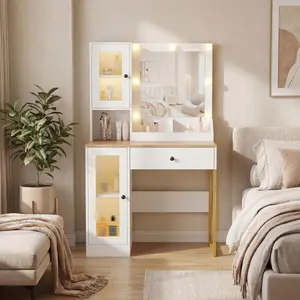 Garvee Makeup Vanity Desk with Mirror and LED Lights, Featuring 3 Color Modes, RGB Lighting, Large Drawers, USB Charging Station, and Wood Finish for Bedroom Decor