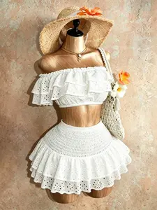 Women's Cotton Eyelet Mini Skirt Smocked High Waist Tiered Ruffle A-Line Short Skirt Cottagecore Coquette Aesthetic Summer Vacation Outfits