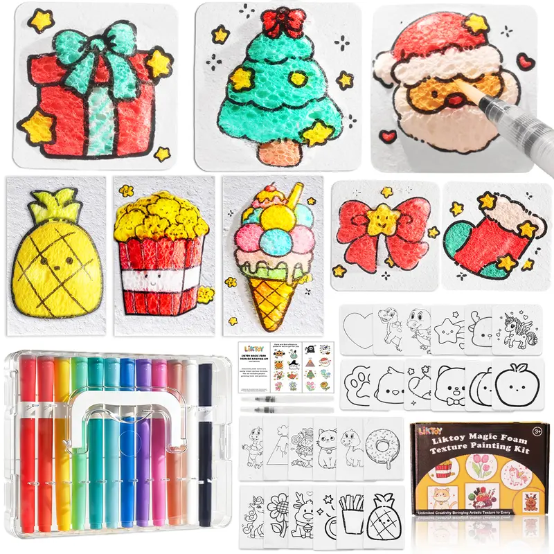 Liktoy 44 Pcs Magic Foam Texture Painting Kit, Including 28 Pcs Foam Texture Paper, 12Colors Brush Tip Acrylic Paint Markers, Magical 3D Effect Painting Kit Valentine's Day Christmas Gifts