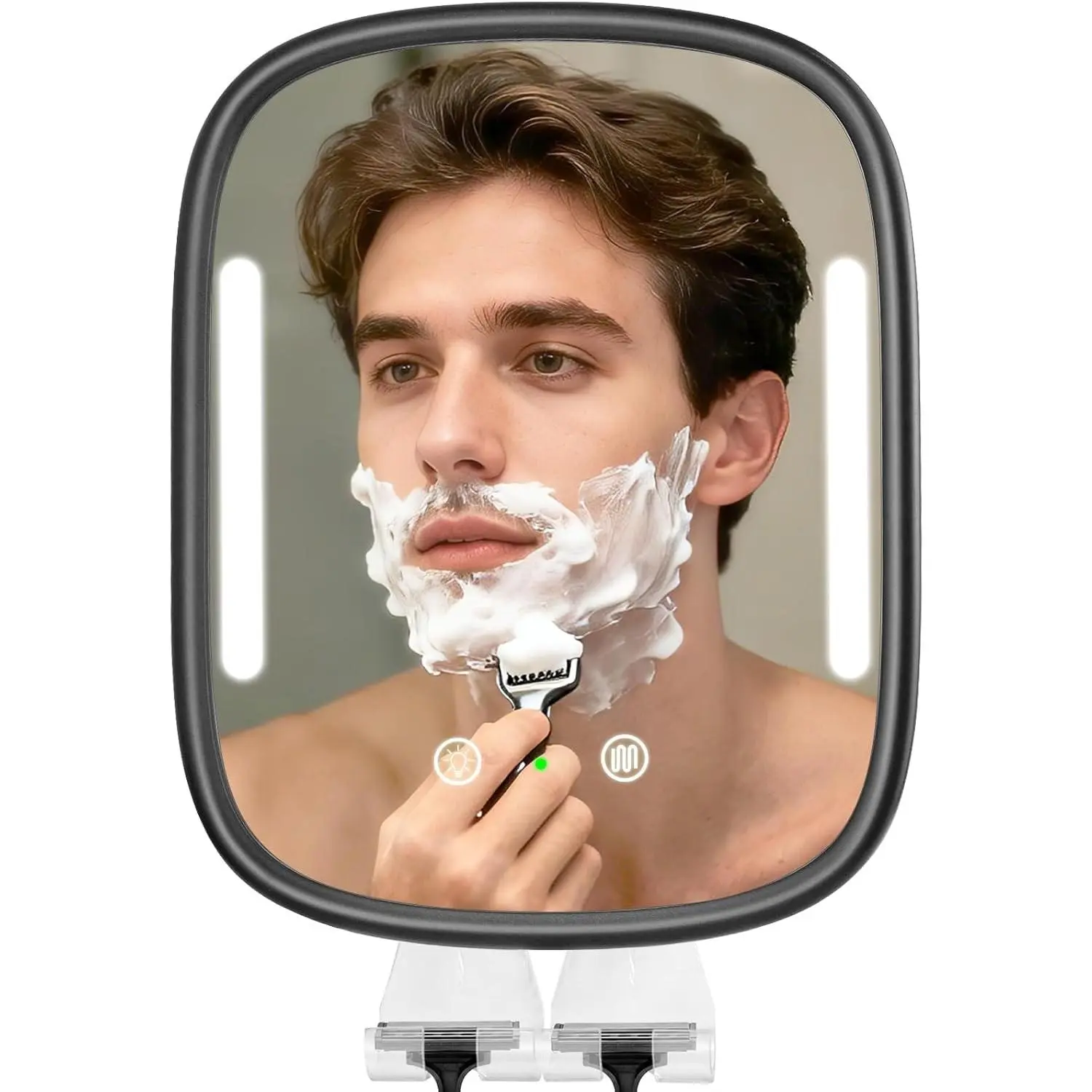 Shower Mirror for Shaving with Light, Rechargeable Fogless Mirror with Adjustable, Heated Bathroom Mirror with 2 Razor Hooks & 4 Adhesive Wall Mounts, Grooming Gift for Men (Black)