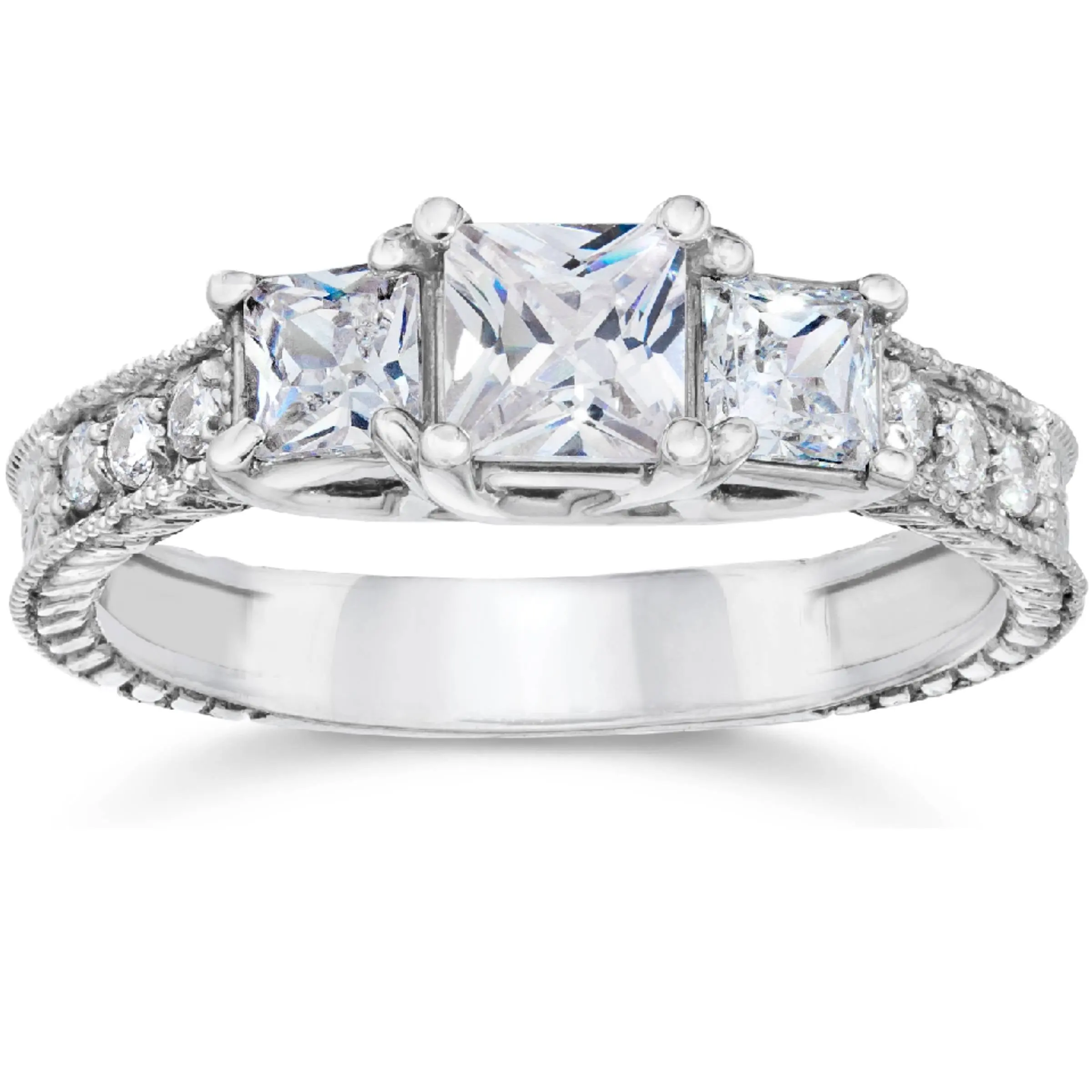 1 3/4ct Vintage Three Stone Princess Cut Diamond Engagement Ring 14K White Gold