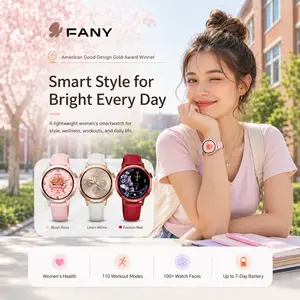 FANY Luna Smartwatch for Women AMOLED Display 110+ Sport Modes Fitness Tracker Heart Rate Sleep SpO2 Monitor 7-Day Battery Water Resistant Free App Round Watch Ultra-Sleek Lightweight Wearable Smartphone ,summervibes Wristwatch outdo monitoring, Running,