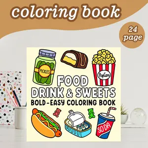 Food Coloring Book Theme, 24 Bold Stress-Relief Designs, 7.9x7.9 Inches, Thick Paper, Perfect Gift for Adults Kids Teens Christmas New Year