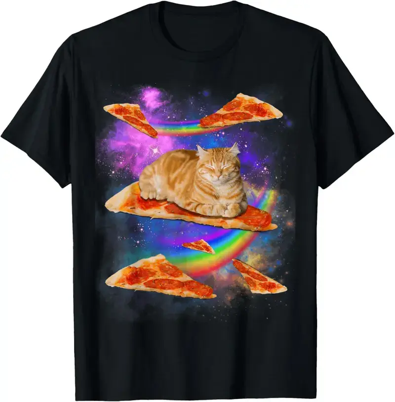 Unisex 100% Cotton Fitted Soft Garment Short-Sleeve Round Neck Top, Casual Crewneck Sports Top with Funny Galaxy Cat In Space & Cat Riding Pizza Designs, Tops