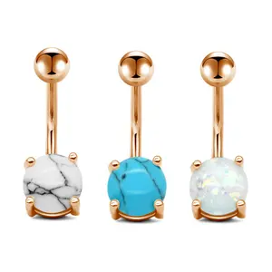 OIDEA Belly Button Ring Set 14G 316L Stainless Steel Imitation Opal Turquoise Navel Body Piercing Jewelry 3PCS Rose Gold Tone